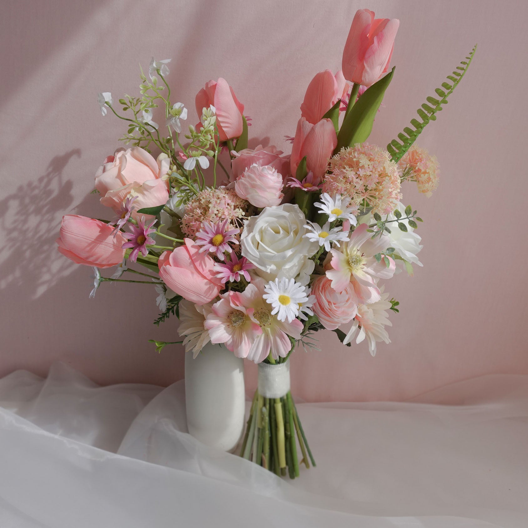 Artificial Tulip Wedding Bouquet Faux Pastel Pink Tulip Bouquet Wildflower Wedding Bouquet Pink White Flower Bridal Bouquet JFLORAL 