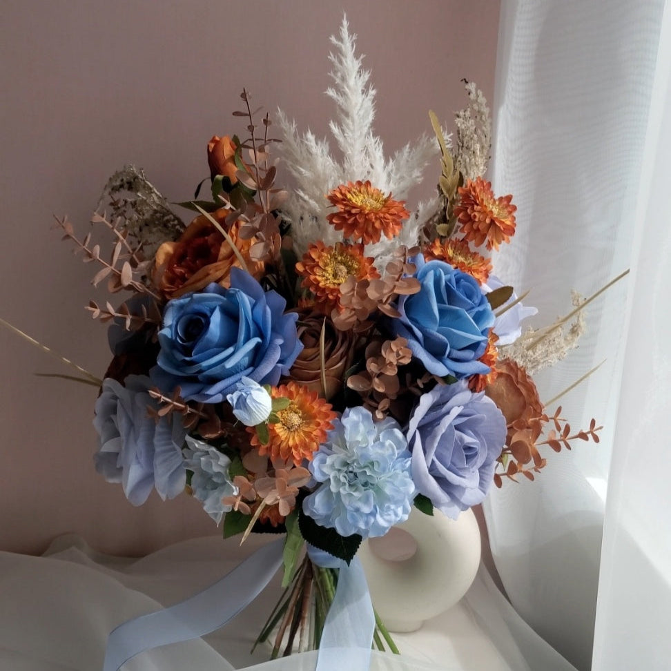 Dried Look wedding Bouquet Artificial Blue Rust Orange Wedding Bridal Bouquet
