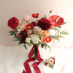 Red Dahlia Rose Wedding Bouquet 38cmW