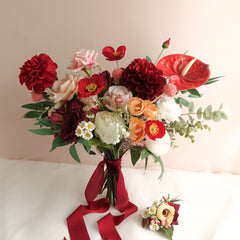 Red Dahlia Rose Wedding Bouquet 38cmW