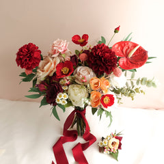 Red Dahlia Rose Wedding Bouquet 38cmW