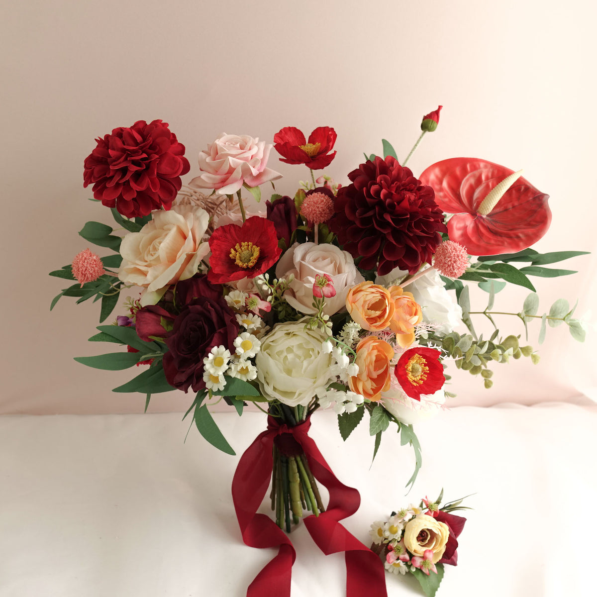 Artificial Red Dahlia Wedding Bouquet Red Bridal Bouquet