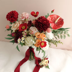 Red Dahlia Rose Wedding Bouquet 38cmW
