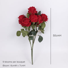 9 Heads Red Rose Bush 50cmH