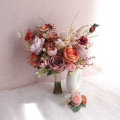 Rust Orange Pink Rose Wedding Bouquet 38cmW