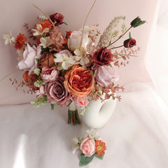 Rust Orange Pink Rose Wedding Bouquet 38cmW