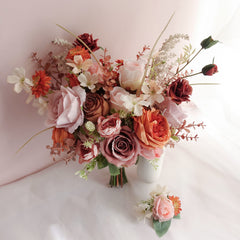 Rust Orange Pink Rose Wedding Bouquet 38cmW