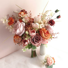 Rust Orange Pink Rose Wedding Bouquet 38cmW