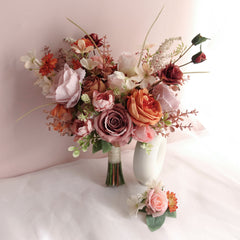 Rust Orange Pink Rose Wedding Bouquet 38cmW