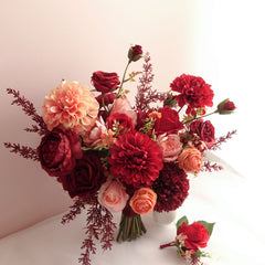Red Peach Rose Dahlia Wedding Bouquet 38cmW