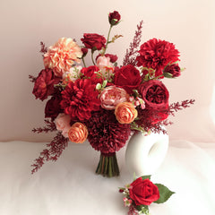 Red Peach Rose Dahlia Wedding Bouquet 38cmW