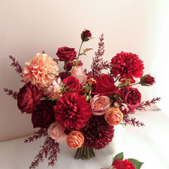 Red Peach Rose Dahlia Wedding Bouquet 38cmW
