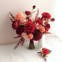 Red Peach Rose Dahlia Wedding Bouquet 38cmW