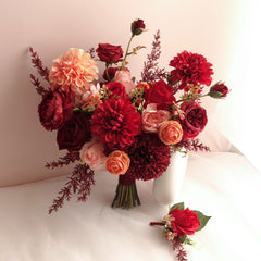 Red Peach Rose Dahlia Wedding Bouquet 38cmW