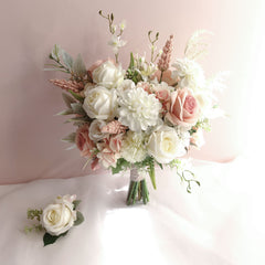 White Blush Rose Dahlia Wedding Bouquet 38cmW