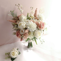White Blush Rose Dahlia Wedding Bouquet 38cmW