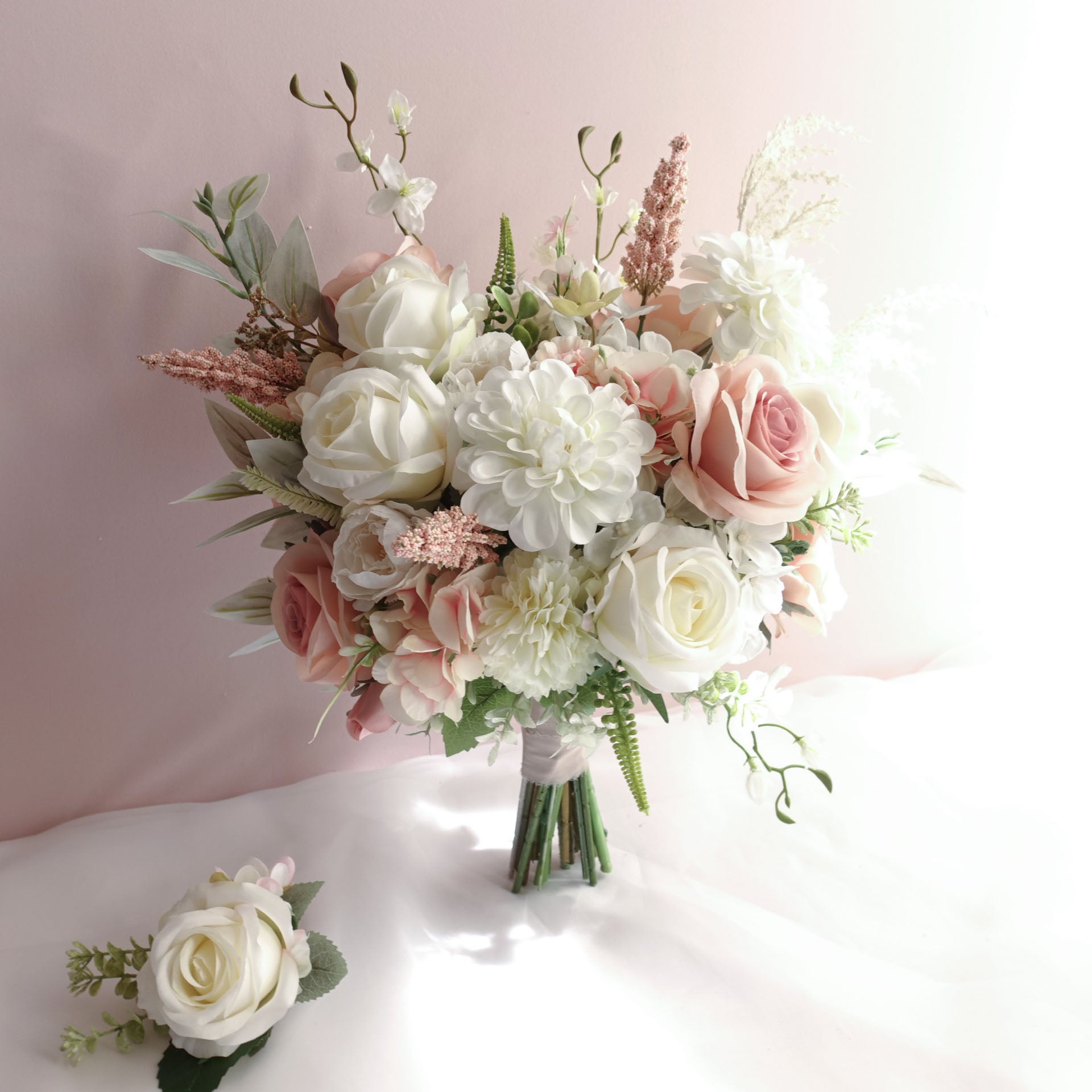 Artificial White Blush Rose Dahlia Wedding Bouquet