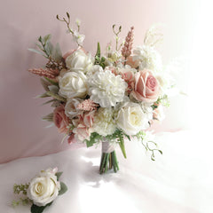 Artificial White Blush Rose Dahlia Wedding Bouquet
