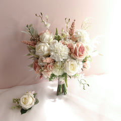 White Blush Rose Dahlia Wedding Bouquet 38cmW