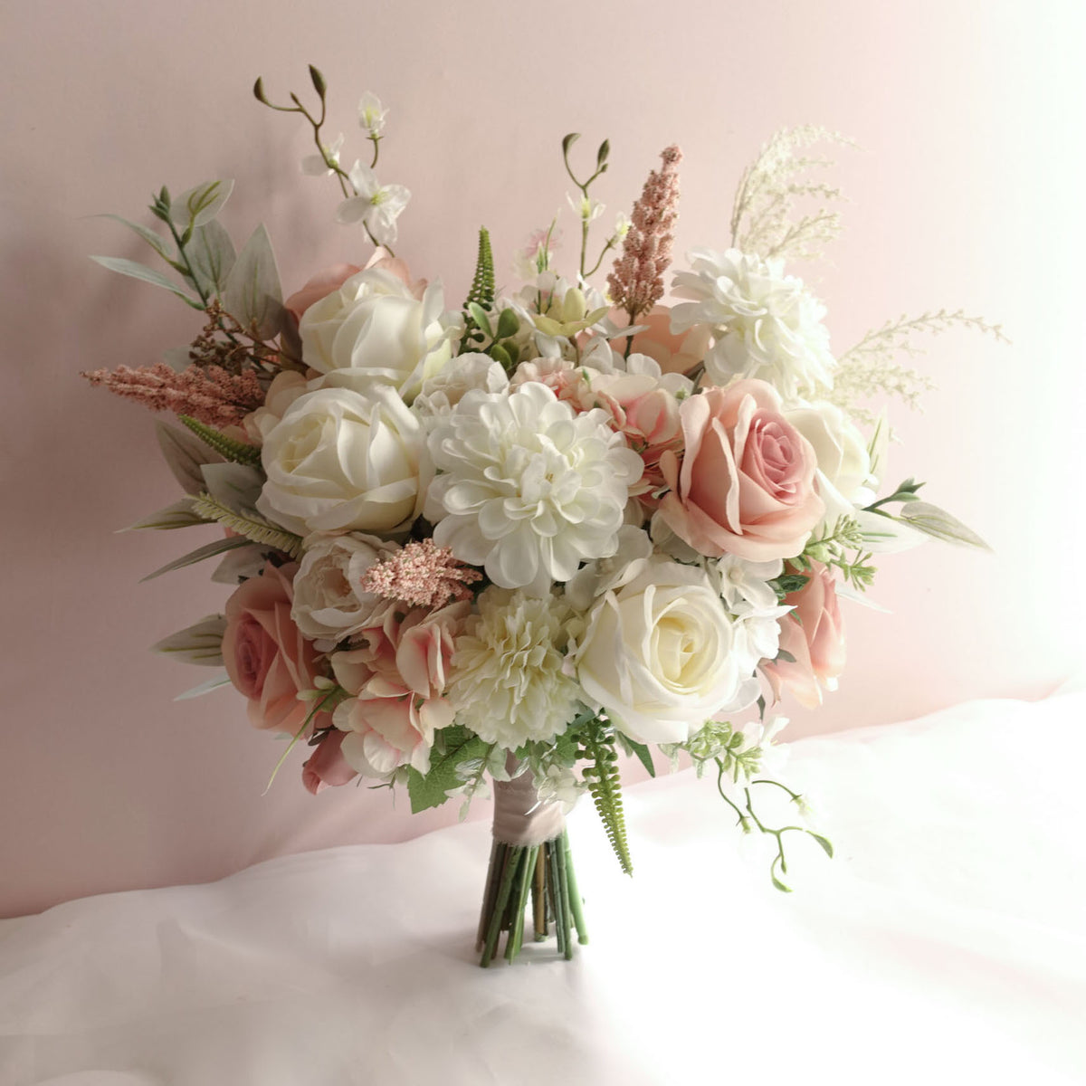 White Blush Rose Dahlia Wedding Bouquet 38cmW