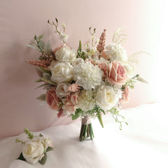 White Blush Rose Dahlia Wedding Bouquet 38cmW