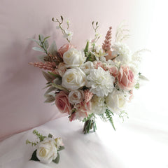 White Blush Rose Dahlia Wedding Bouquet 38cmW