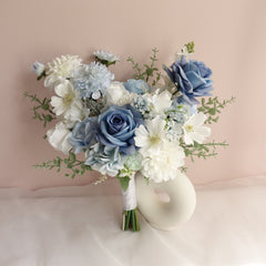 White Blue Rose Dahlia Wedding Bouquet 38cmW
