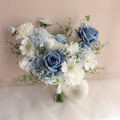 White Blue Rose Dahlia Wedding Bouquet 38cmW