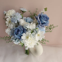 White Blue Rose Dahlia Wedding Bouquet 38cmW