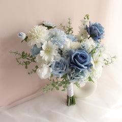 White Blue Rose Dahlia Wedding Bouquet 38cmW