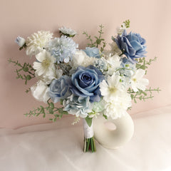 White Blue Rose Dahlia Wedding Bouquet 38cmW