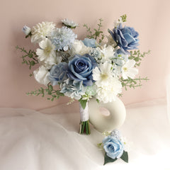 White Blue Rose Dahlia Wedding Bouquet 38cmW
