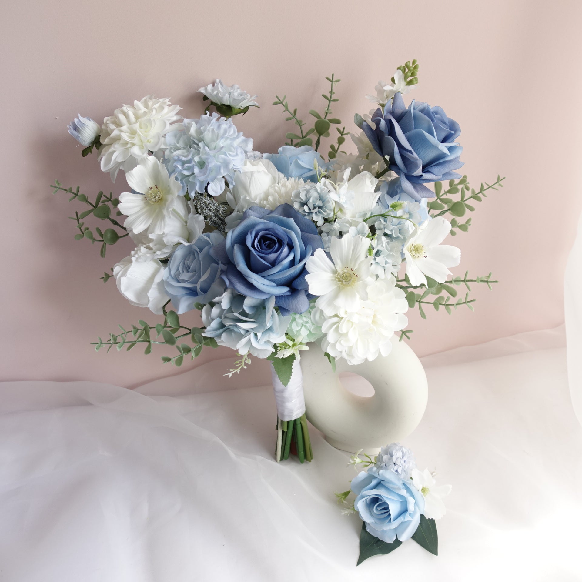 Artificial White Blue Rose Dahlia Wedding Bouquet 