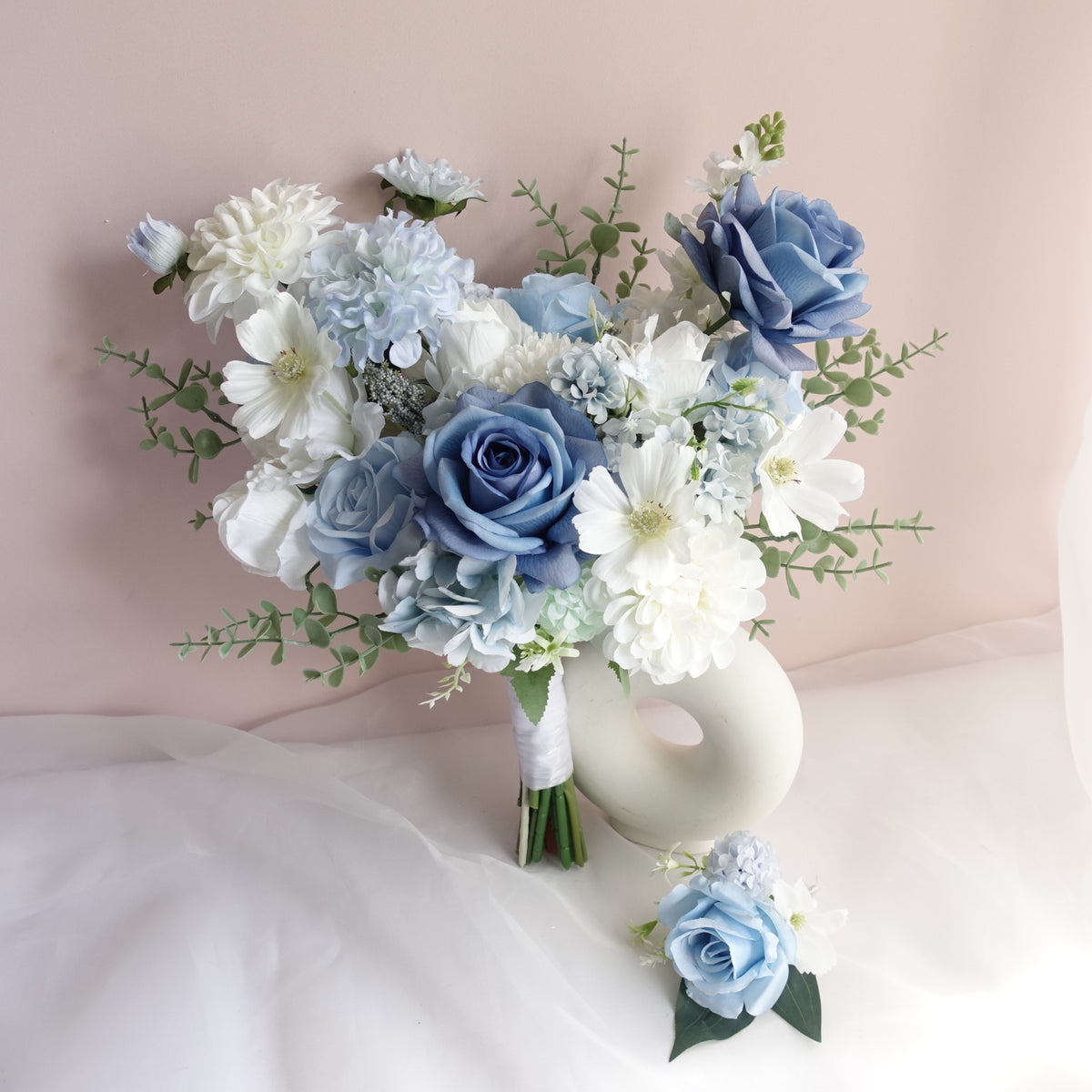 Artificial White Blue Rose Dahlia Wedding Bouquet 