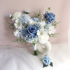 Artificial White Blue Rose Dahlia Wedding Bouquet 
