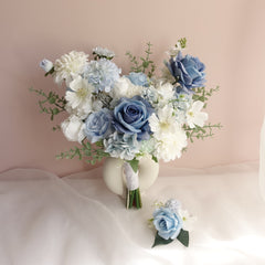 White Blue Rose Dahlia Wedding Bouquet 38cmW
