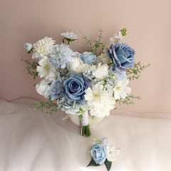 White Blue Rose Dahlia Wedding Bouquet 38cmW