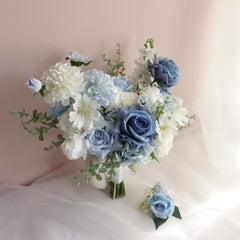 White Blue Rose Dahlia Wedding Bouquet 38cmW