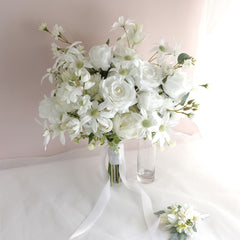 White Rose Flannel Wedding Bouquet