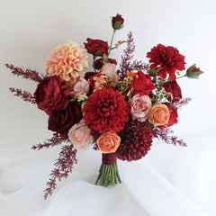 Red Peach Rose Dahlia Wedding Bouquet 38cmW