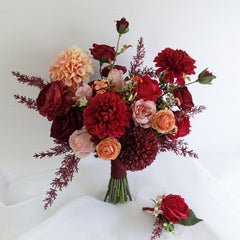 Red Peach Rose Dahlia Wedding Bouquet 38cmW
