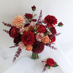 Red Peach Rose Dahlia Wedding Bouquet 38cmW