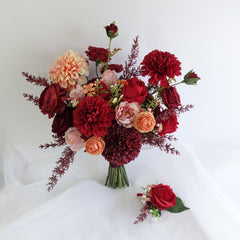 Red Peach Rose Dahlia Wedding Bouquet 38cmW