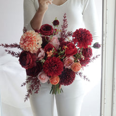 Red Peach Rose Dahlia Wedding Bouquet 38cmW