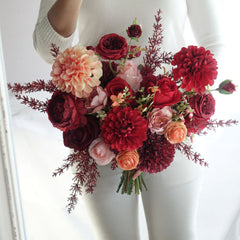 Red Peach Rose Dahlia Wedding Bouquet 38cmW