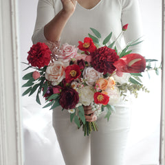 Red Peach Blush Dahlia Rose Wedding Bouquet 38cmW