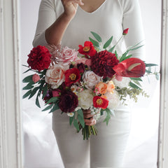 Red Peach Blush Dahlia Rose Wedding Bouquet 38cmW