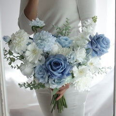 White Blue Rose Dahlia Wedding Bouquet 38cmW