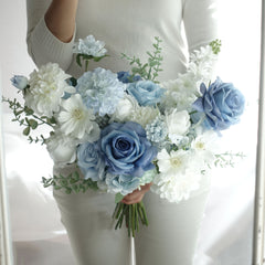 White Blue Rose Dahlia Wedding Bouquet 38cmW
