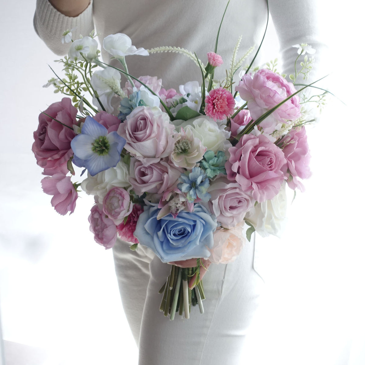 Artificial pastel blue pink wedding bouquet